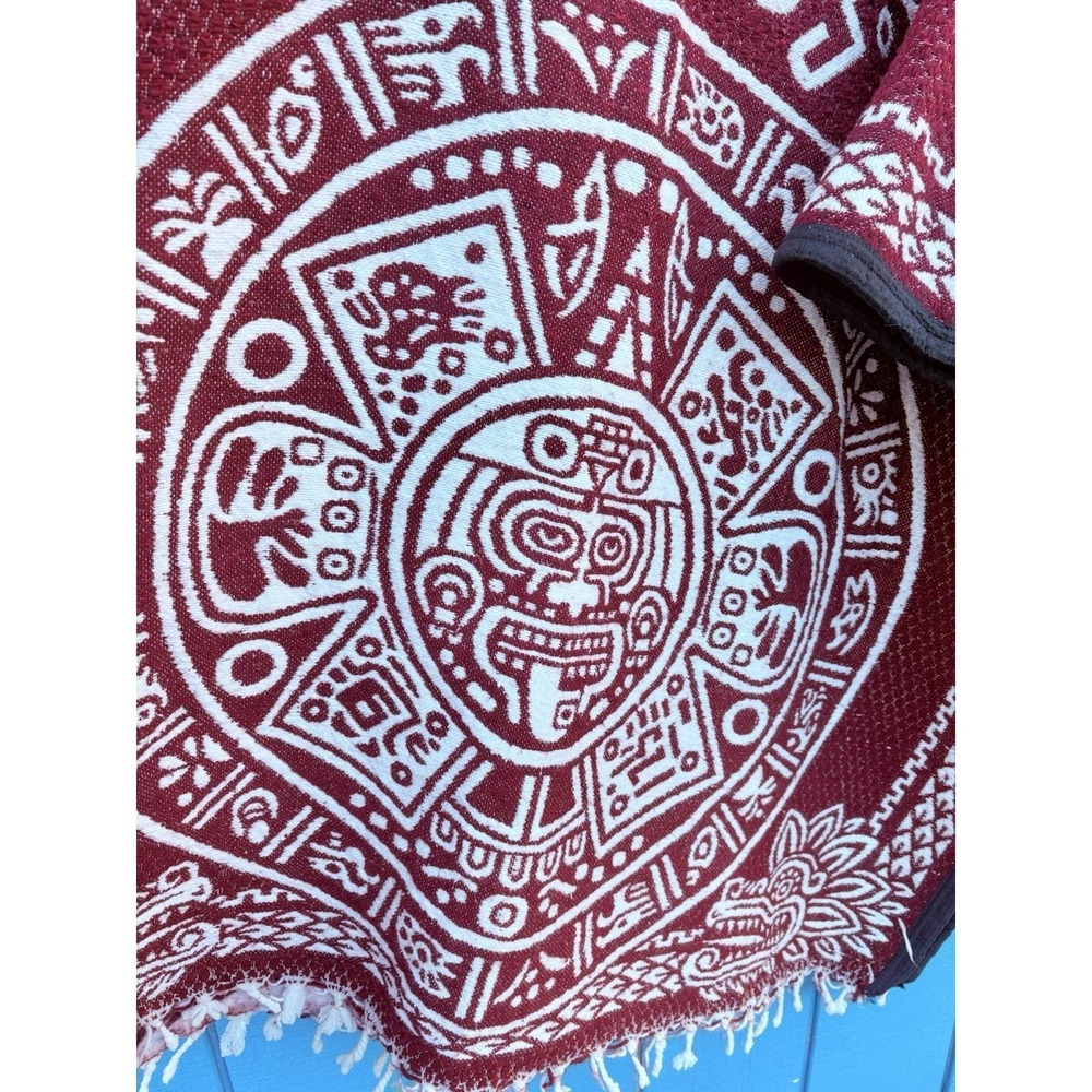 One Size Poncho Burgundy Red With White Hand Made In‎ México Aztec Calendar - Picture 2 of 11